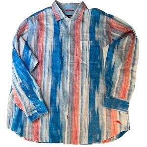 Tommy Bahama Mens 1XB Button-Up Shirt Linen Blend Vibrant Blue & Coral Stripes